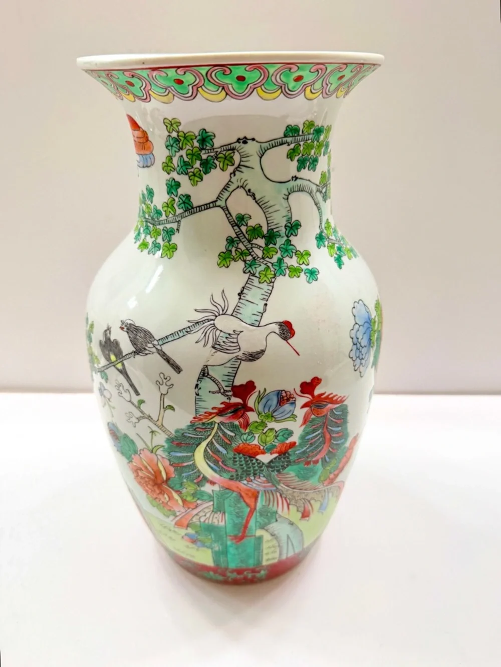 Antique‎ Chinese Qing Tongzhi Dynasty Famille Porcelain Vase Figures Birds Trees